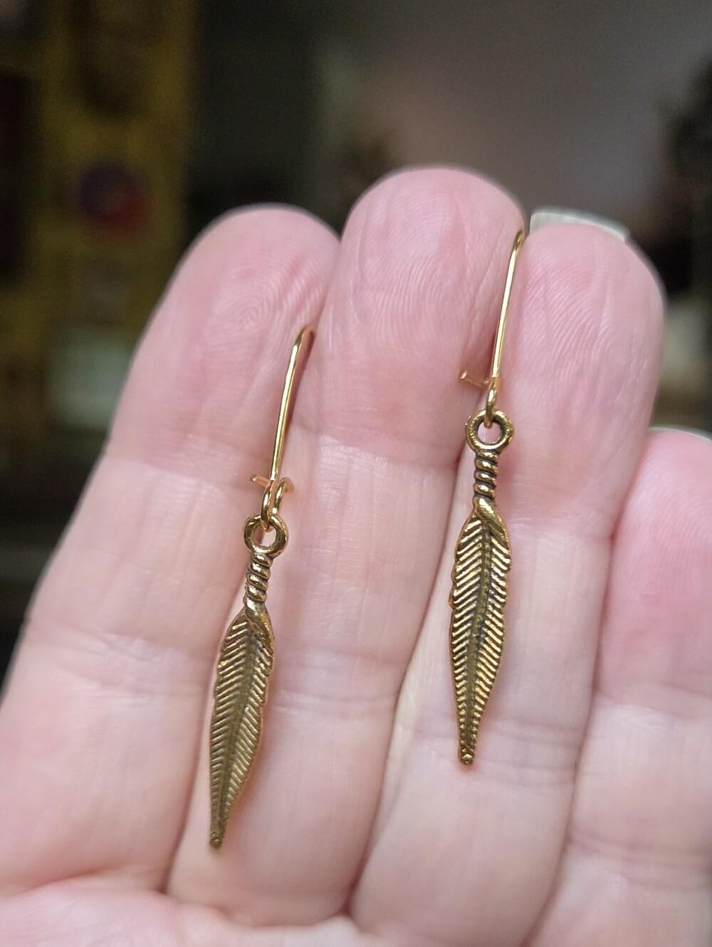 Gold Feather Drop Earrings - Picture 5 of 7